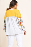 Floral Print Puff Sleeve Round Neck Heathered Top