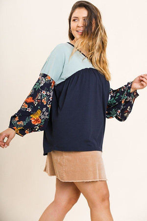 Floral Print Puff Sleeve Round Neck Heathered Top