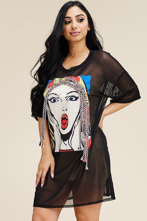 Short Sleeve Mesh Tunic Dress With Patch On The Front