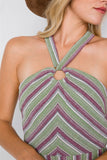 Green Multi Stripe Wooden Center Cut Out Halter Maxi Dress