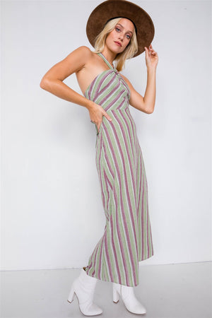 Green Multi Stripe Wooden Center Cut Out Halter Maxi Dress