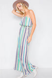 Green Multi Stripe Strapless Lightweight Wide Leg Jumpsuit