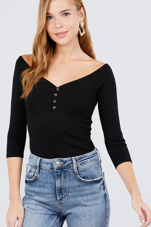 3/4 Short Sleeve Button Down Detail Heavy Rib Knit Top