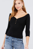 3/4 Short Sleeve Button Down Detail Heavy Rib Knit Top