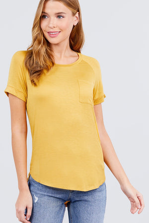 Short Raglan Sleeve Round Neck W/pocket Rayon Spandex Top