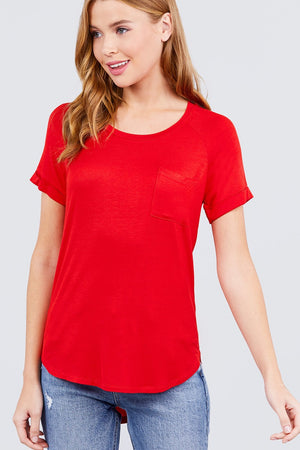 Short Raglan Sleeve Round Neck W/pocket Rayon Spandex Top