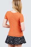 Short Sleeve W/lace Trim Detail Crew Neck Pointelle Knit Top