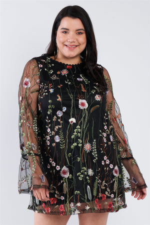 Plus Size Floral Mix Sheer Mock Lace Neck Mini Dress