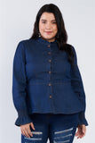 Plus Size Denim Blue Vintage Front Button Sleeve Jean Peplum Top