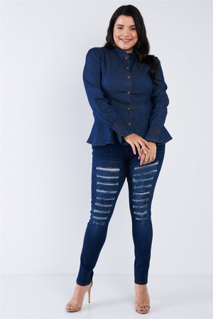 Plus Size Denim Blue Vintage Front Button Sleeve Jean Peplum Top