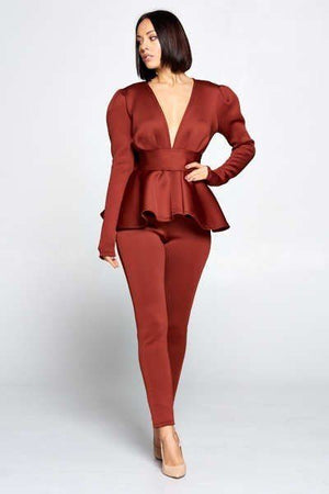 Long Sleeve Deep V Neckline Top With Waist Tie To Make A Bow Detail Paired With Elastic Waist Pants