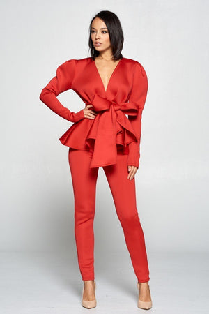 Long Sleeve Deep V Neckline Top With Waist Tie To Make A Bow Detail Paired With Elastic Waist Pants