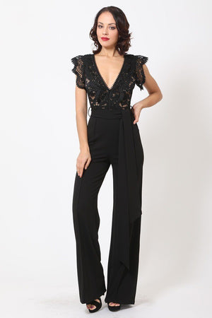 Deep V-neck Crotchet Detail Jumpsuit