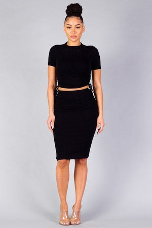 High Neck Short Sleeve Ruched Tee & High-waisted Midi Skirt Set