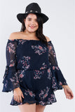 Plus Size Navy Floral Off The Shoulder Bell Sleeve Romper