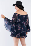 Plus Size Navy Floral Off The Shoulder Bell Sleeve Romper