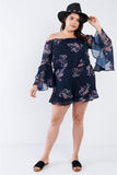 Plus Size Navy Floral Off The Shoulder Bell Sleeve Romper