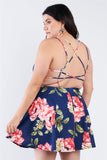 Plus Size Navy Floral Plunging V-neck Open Back Skater Mini Dress