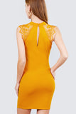 Sleeveless W/shoulder Lace Patch Open Back Button Closure Stretch Knit Mini Dress