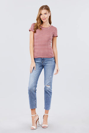 Short Sleeve Crew Neck Stripe Pointelle Knit Top