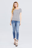 Short Sleeve Crew Neck Stripe Pointelle Knit Top