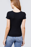 Short Sleeve V-neck W/button Detail Rib Knit Top