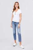 Short Sleeve V-neck W/button Detail Rib Knit Top