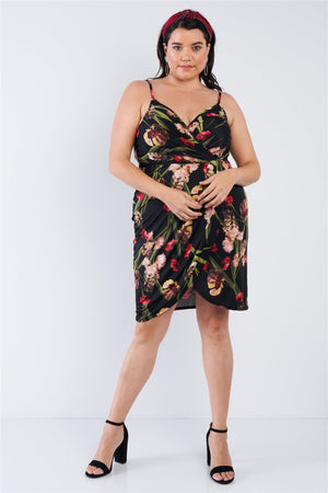 Plus Size Floral Surplice Tulip Mini Dress