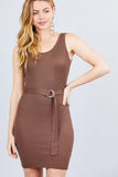 Sleeveless Double Scoop Neck W/belt Rib Sweater Mini Dress