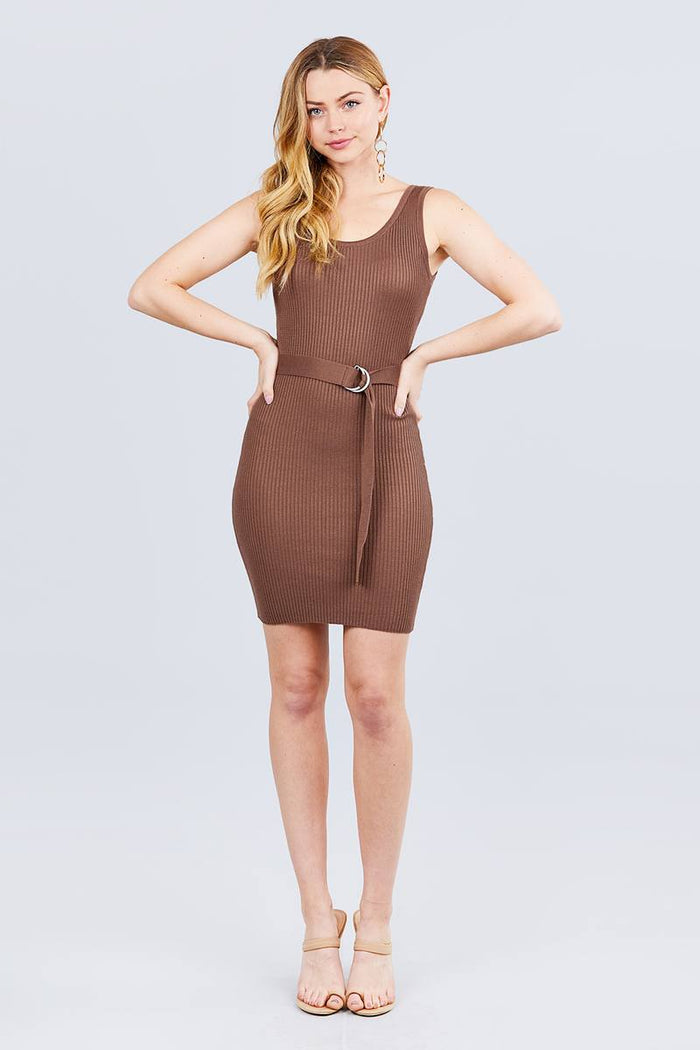 Sleeveless Double Scoop Neck W/belt Rib Sweater Mini Dress