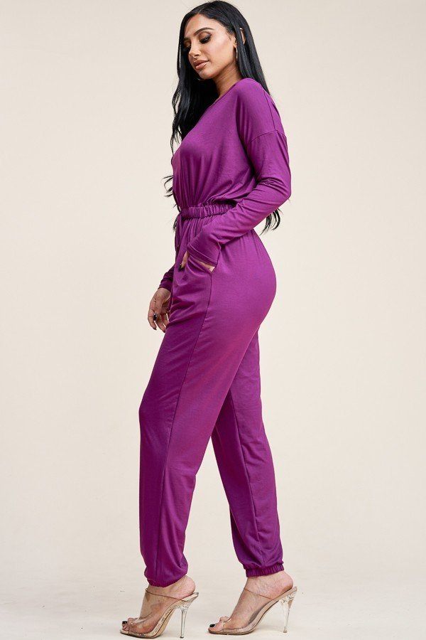 Solid Rayon Spandex Slouchy Jumpsuit With Pockets