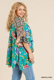 Floral Mixed Print Ruffle Bell Sleeve Open Front Kimono With Side Slits