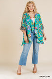 Floral Mixed Print Ruffle Bell Sleeve Open Front Kimono With Side Slits