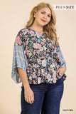 Floral Scarf Mixed Print Kimono Sleeve Round Neck Peplum Hem Top