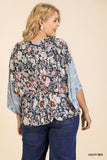 Floral Scarf Mixed Print Kimono Sleeve Round Neck Peplum Hem Top