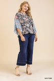 Floral Scarf Mixed Print Kimono Sleeve Round Neck Peplum Hem Top