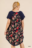 Short Sleeve Round Neck Dress With Floral Print Back And High Low Scoop Ruffle Hem