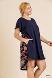 Short Sleeve Round Neck Dress With Floral Print Back And High Low Scoop Ruffle Hem