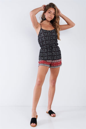 Black Red Cami Button Down Boho Romper