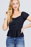 Short Sleeve Heart Neck W/button Back Smocking Detail Flare Hem Woven Top