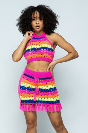 Striped Multi Color Laser Cut Cropped Halter Top/short Skirt Knit 2 Piece Set With Tassels