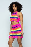 Striped Multi Color Laser Cut Cropped Halter Top/short Skirt Knit 2 Piece Set With Tassels