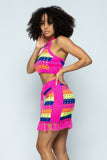 Striped Multi Color Laser Cut Cropped Halter Top/short Skirt Knit 2 Piece Set With Tassels