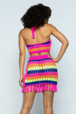 Striped Multi Color Laser Cut Cropped Halter Top/short Skirt Knit 2 Piece Set With Tassels