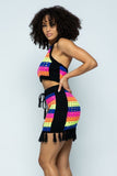 Striped Multi Color Laser Cut Cropped Halter Top/short Skirt Knit 2 Piece Set With Tassels