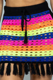 Striped Multi Color Laser Cut Cropped Halter Top/short Skirt Knit 2 Piece Set With Tassels