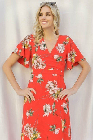 Spring Floral Print Short Bell Flyaway Sleeve Faux Wrap Maxi Dress