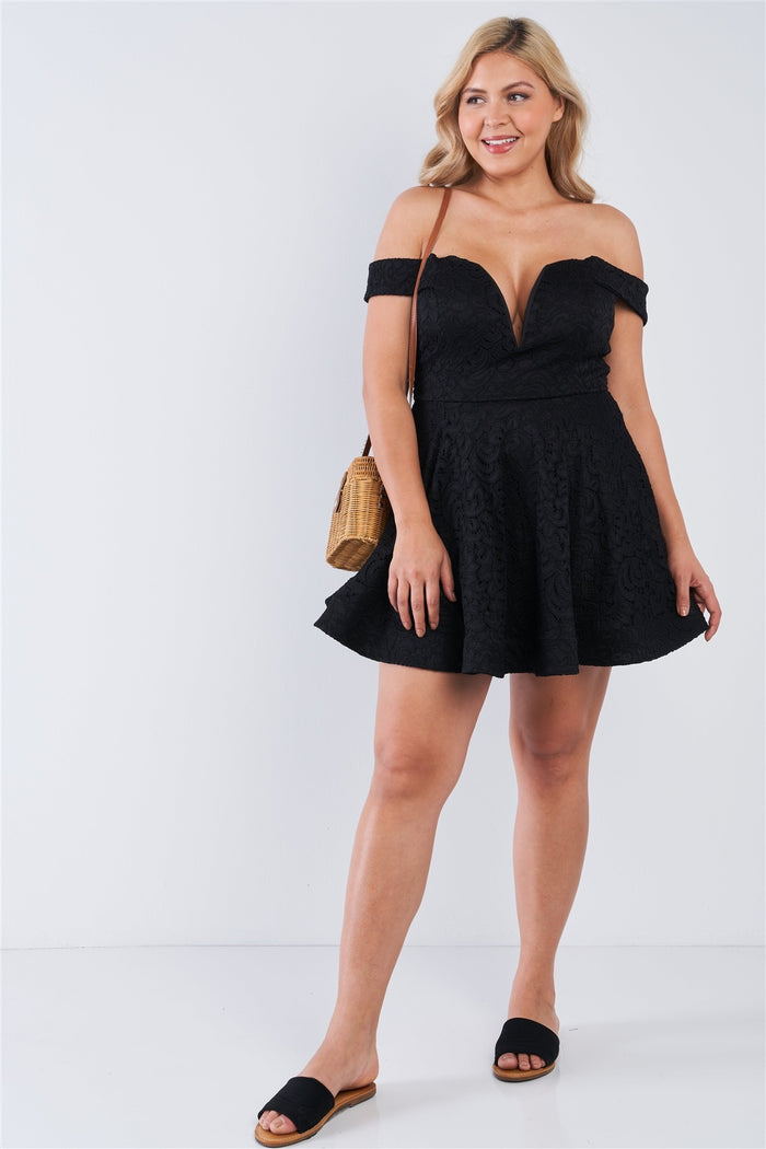 Plus Size Floral Lace V-neck Off The Shoulder Mini Flare Dress