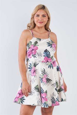 Plus Size Tropical Print Square Neckline Strappy Open Back Flare Mini Dress