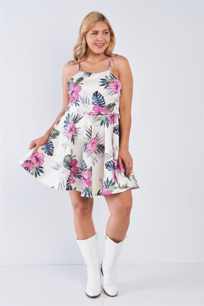 Plus Size Tropical Print Square Neckline Strappy Open Back Flare Mini Dress